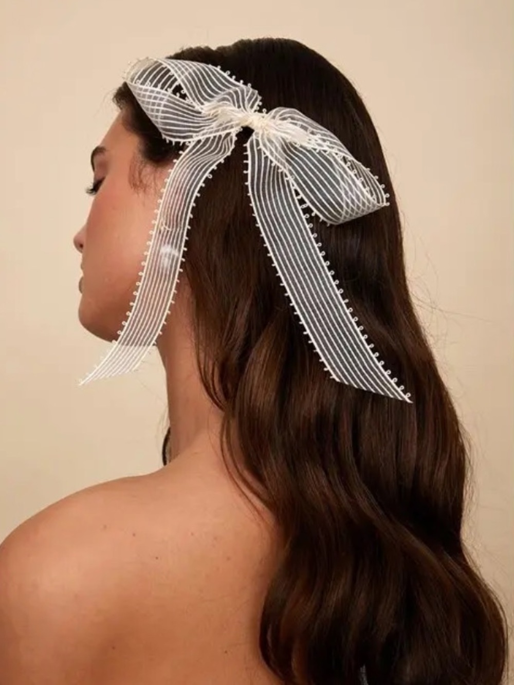 Lelet Ny Eloise Striped Cream Hair Delicate Sheer Bow Barrette NEW with tags